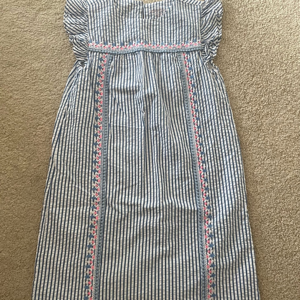Vineyard Vines Blue and White Striped Girls Dress with Pink Embroidery